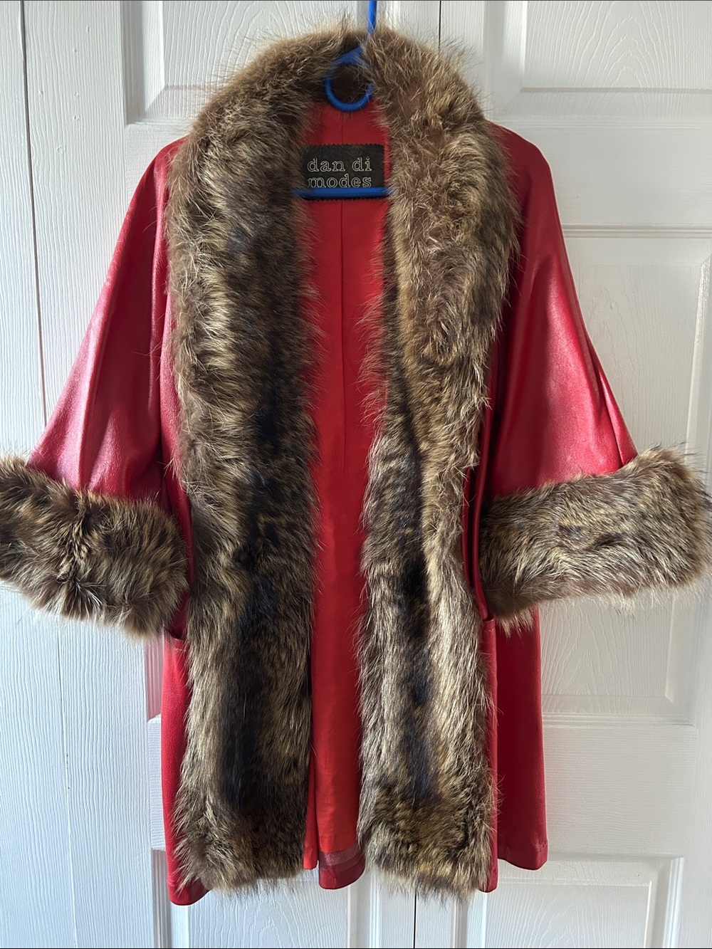 Dan Di Modes Vintage Red Leather Fur Trim Coat